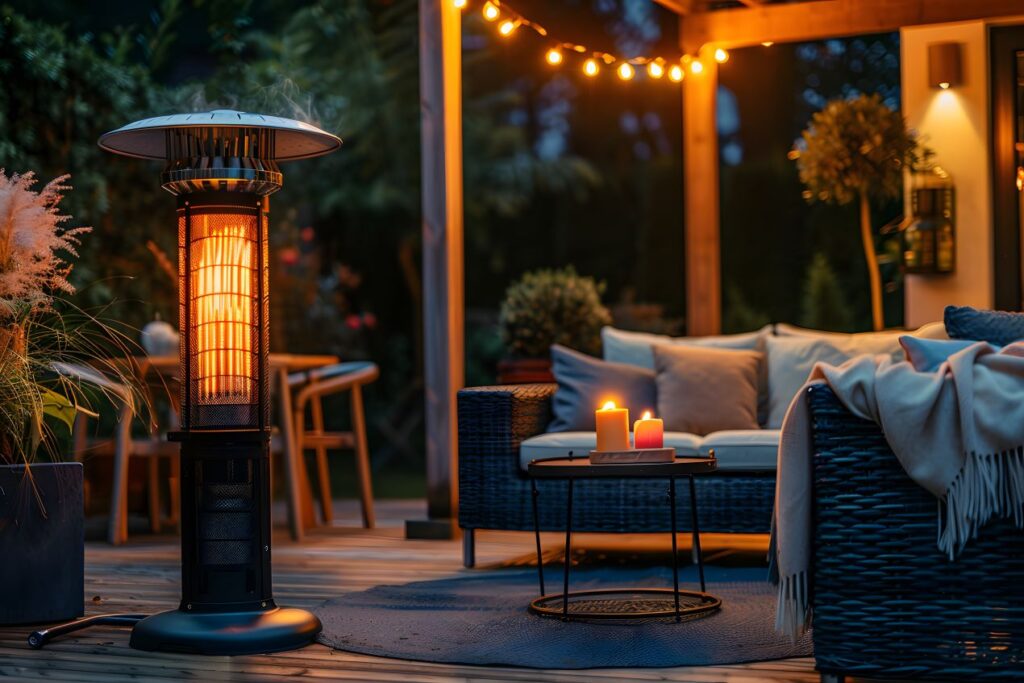 Heizpilz auf einer stilvoll eingerichteten Terrasse mit Lichterkette, gemütlichen Sitzmöbeln und dekorativen Elementen für den Außenbereich.