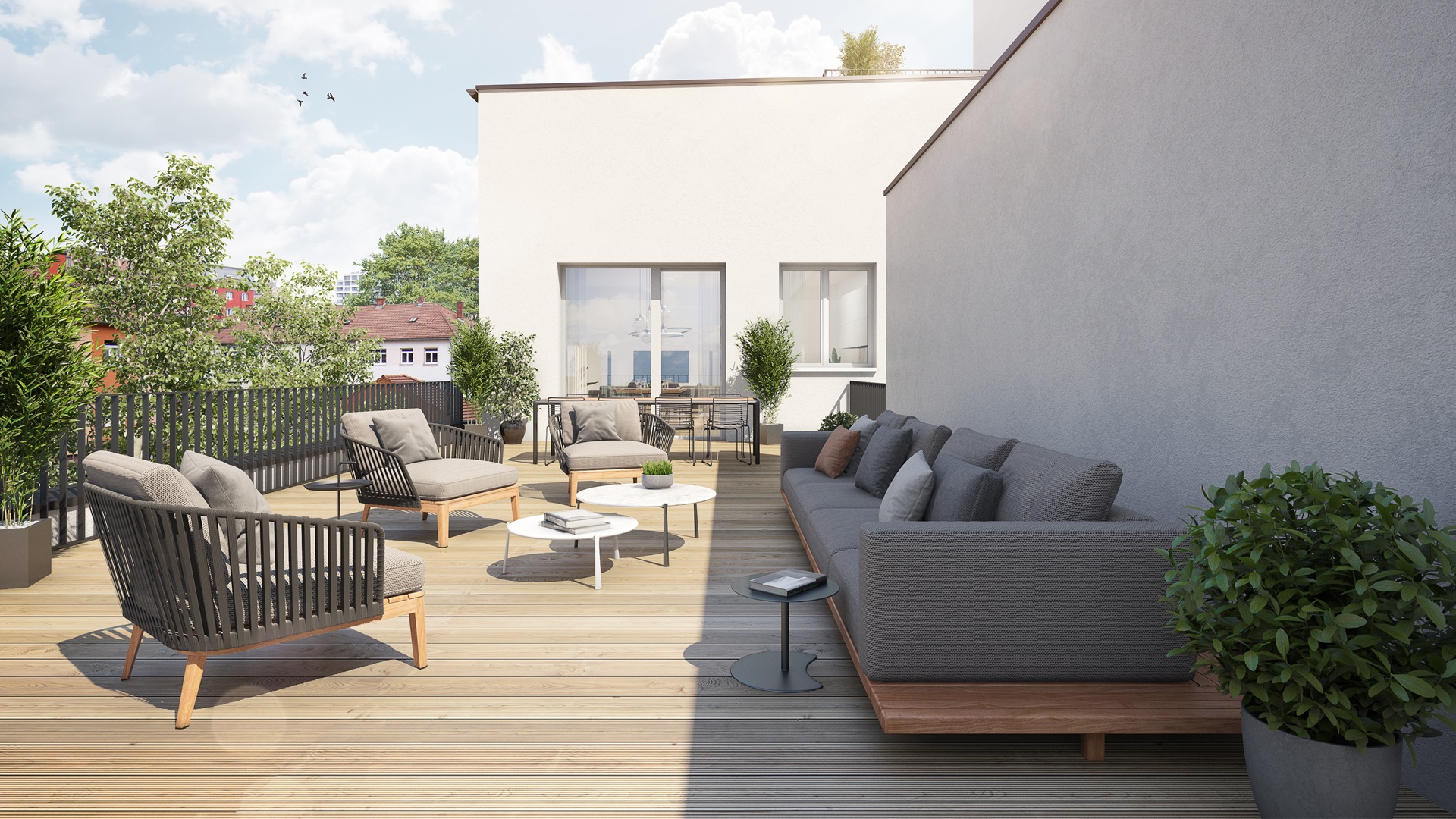 Moderne Terrasse mit grauen Loungemöbeln und Pflanzen | Schrankbett